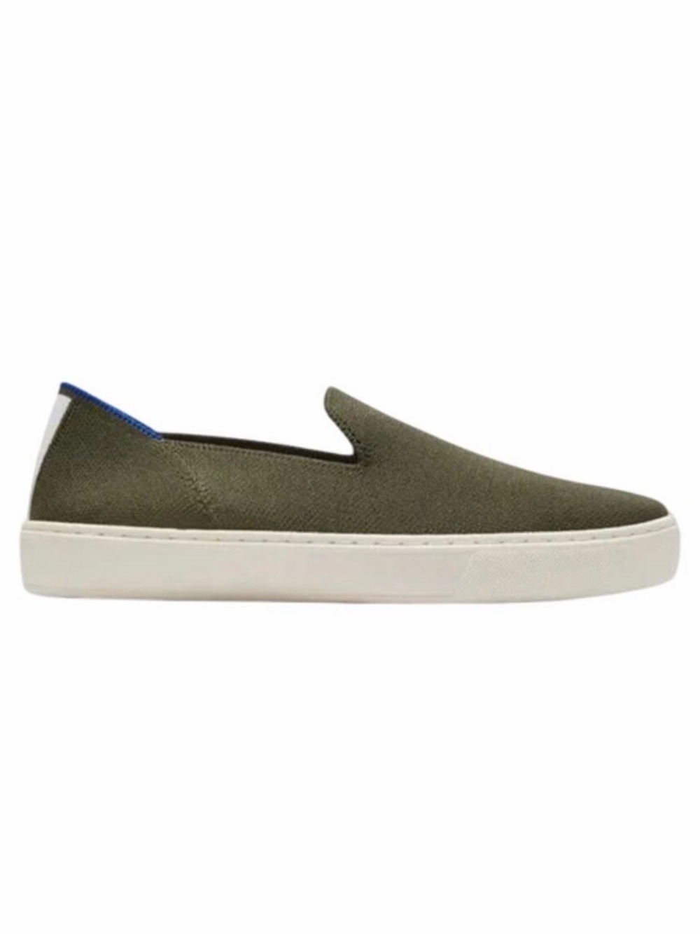 Rothy's Olive Green Slip-On Sneakers with Blue and White Trim